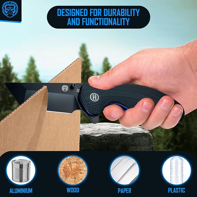 Holtzman's Gorilla Survival 'Patriot' Folding Knife featuring D2 Steel Blade with G10 Handle in Gift Box Set (Black+Blue)