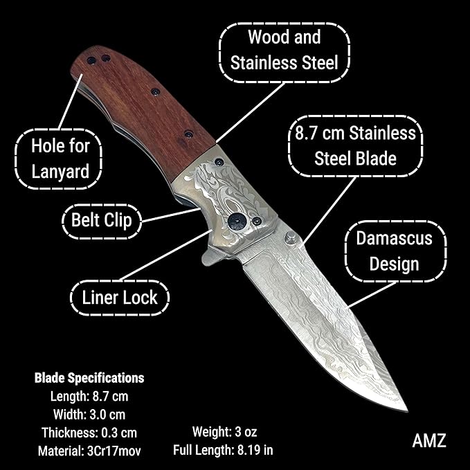 Amz Pocket Knife | 8.7 cm Stainless Steel Blade | Wood Handle | Damascus Design | Outdoor, Tactical Folding Knife
