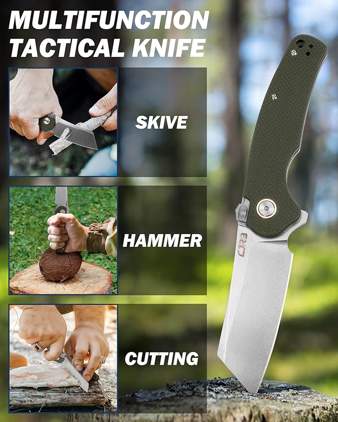 CJRB Crag Tactical Knife, Cleaver Pocket Folding Knife with Stonewash AR-RPM9 Steel Blade and G10 Handle for Men Outdoor, Survival, Camping and EDC (J1904R),Green