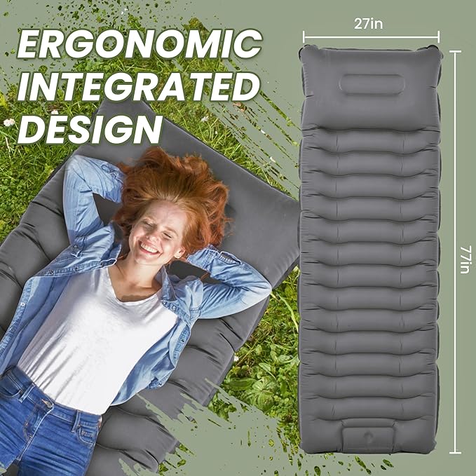 ropoda Upgraded Extra Thickness 6'' Inflatable Sleeping Pad with Pillow, Built-in Foot Pump, 77''*27'' Camping Pad with Carry Bag, Ultralight & Compact Camping Mat Pad for Hiking, Grey