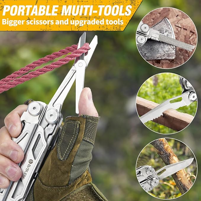 BIBURY Multitool Pliers, Stainless Steel Multi Tool Pliers with Replaceable Wire Cutters and Saw, Foldable Multitools with Scissors and Screwdriver, Ideal for Camping, Hiking, Survival, Repair
