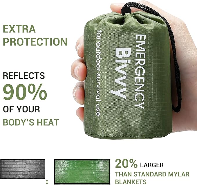 Esky Emergency Sleeping Bag, 2 Pack Portable Thermal Bivy Sack, Waterproof Lightweight Emergency Blanket Survival Gear with Compass and Whistle for Camping Hiking Outdoor Adventure