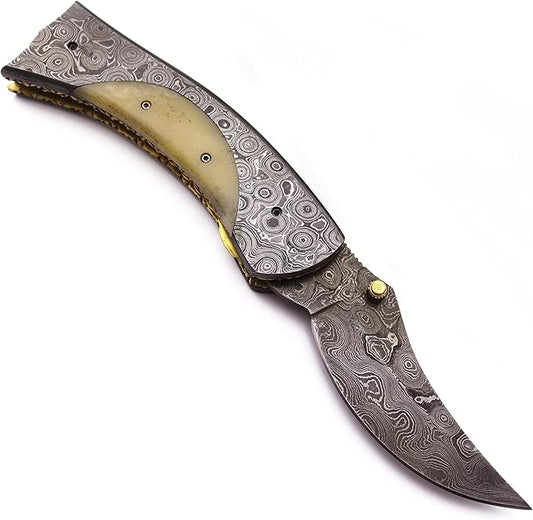 Handmade Damascus Folding Pocket Bowie Knife for Edc,Hunting,Survival,Camping,Bushcraft,Skinning and Fishing with Full Tang Bone Handel and CowHide-Leather Sheath For Men and Women (DCF30 - Ladder)