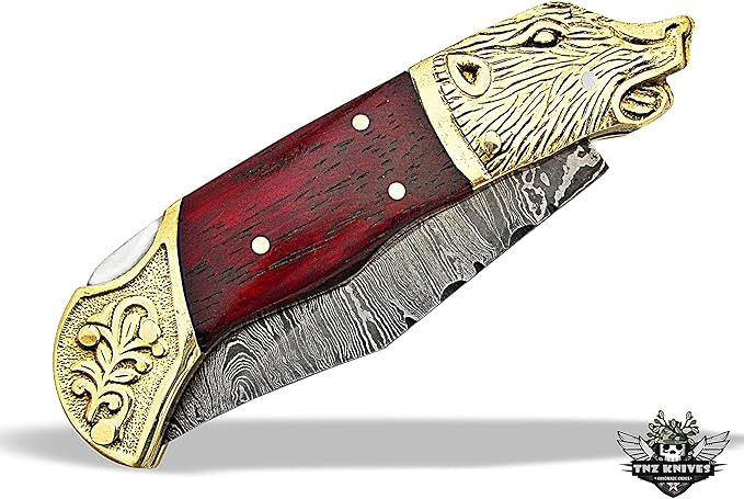 TNZ-524 Damascus Handmade Pocket Engraved Bolsters Folding Knife 4" Blade, 8.5" Overall ,8 oz, Padauk Wood Handle With Leather Cover >>>> TNZ Hand Made Damascus knives