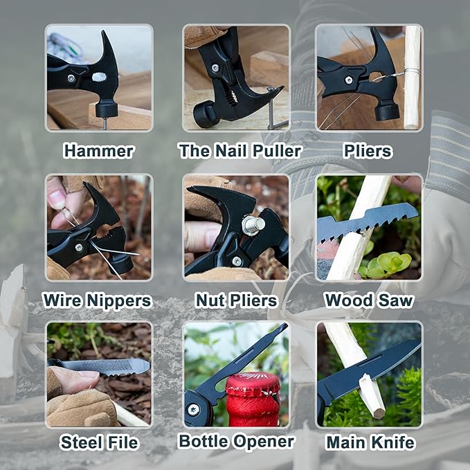 Multitool Hammer Multifunction Claw Hammer Multipurpose Camping DIY Survival Gear Gadget with Phillips Screwdriver Nail File Bottle Can Opener for Hiking Outdoor Camping Gifts for Men Him Dad