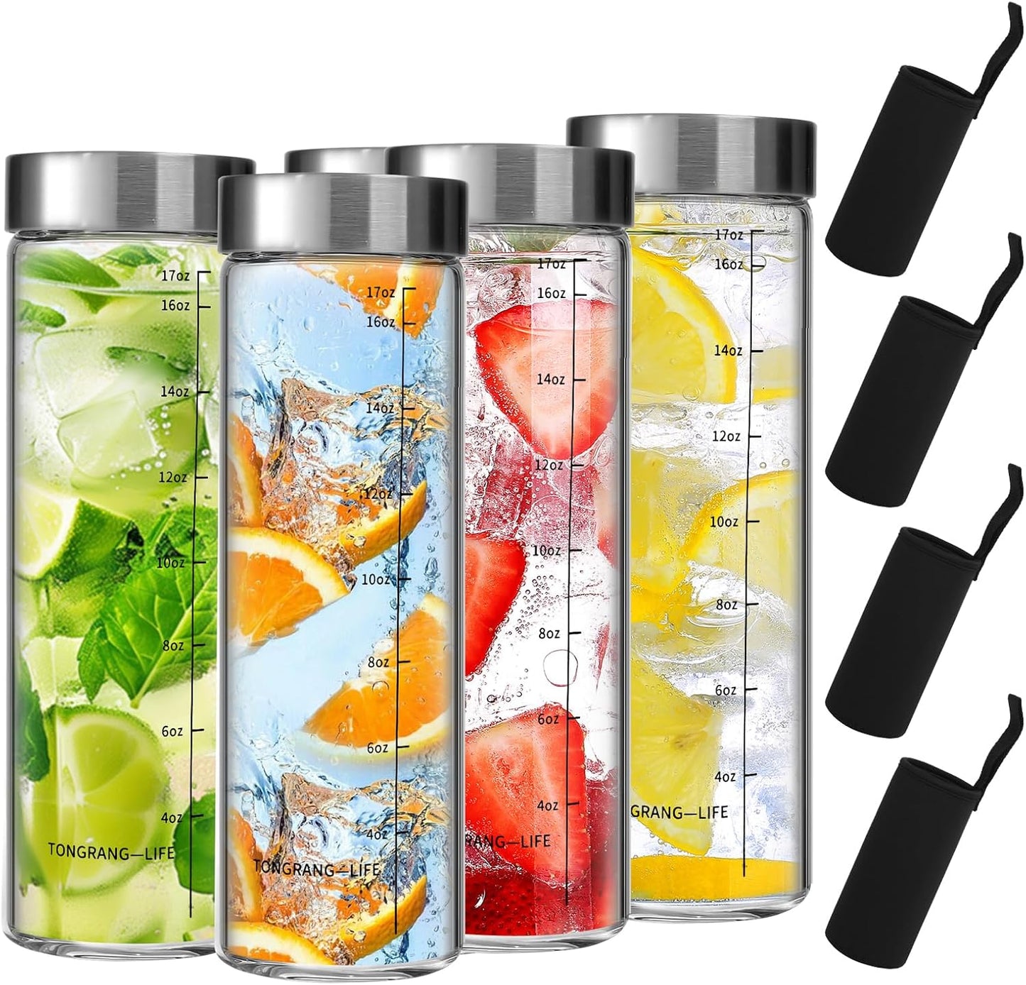 17Oz Glass Juice Bottles with Lids- 4 Pack Glass Shaker Bottles for Protein Mix,Juicing,Beverage,Water,Smoothies, Milk,Reusable Mason Jars,Water Bottle,Milk Jar Bottle