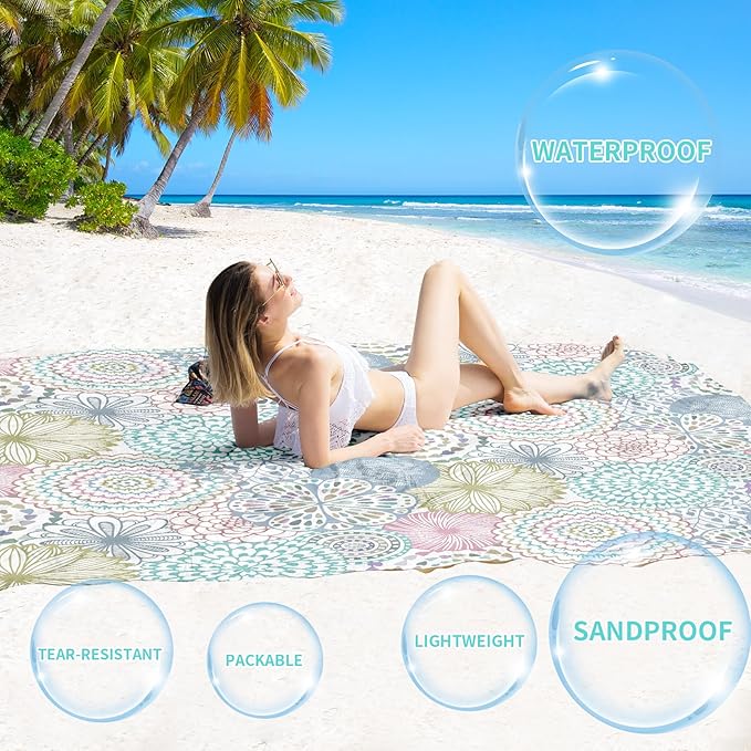BYDOLL Beach Blanket Sandproof Waterproof 78''×81'' 1-4 Adults Compact Lightweight Oversized Beach Blanket Large Picnic Mat Beach Blanket for Travel Camping Hiking Picnic
