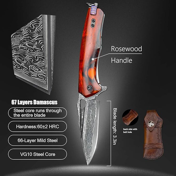 Damascus steel multifunctional EDC folding knife with self assembling pocket clip, lining lock, leather sheath, one piece disassembly pocket knife