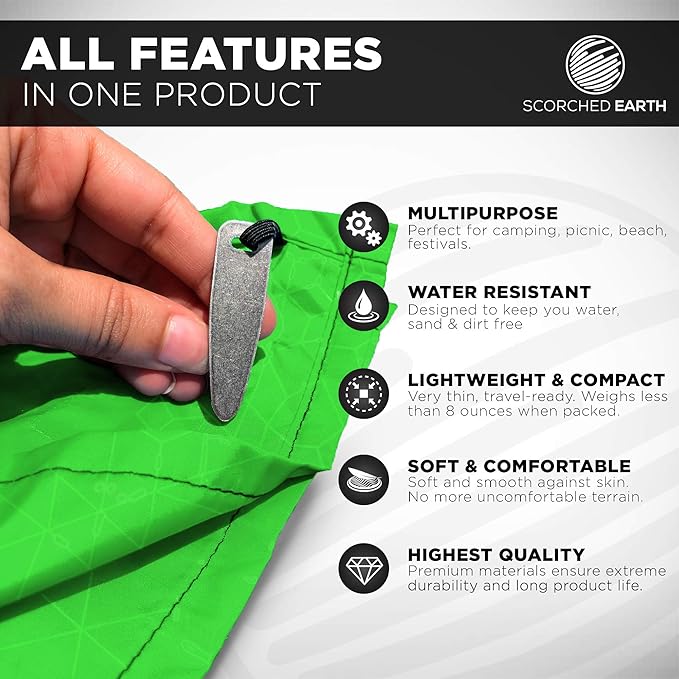 Pocket Blanket for Beach, Travel, Outdoor, Camping, Hiking, Picnic, Festival, Sports - Water Resistant, Compact, Durable Tarp, Corner Pockets, Bag, Built in Stakes (Lime Green, 60x55)