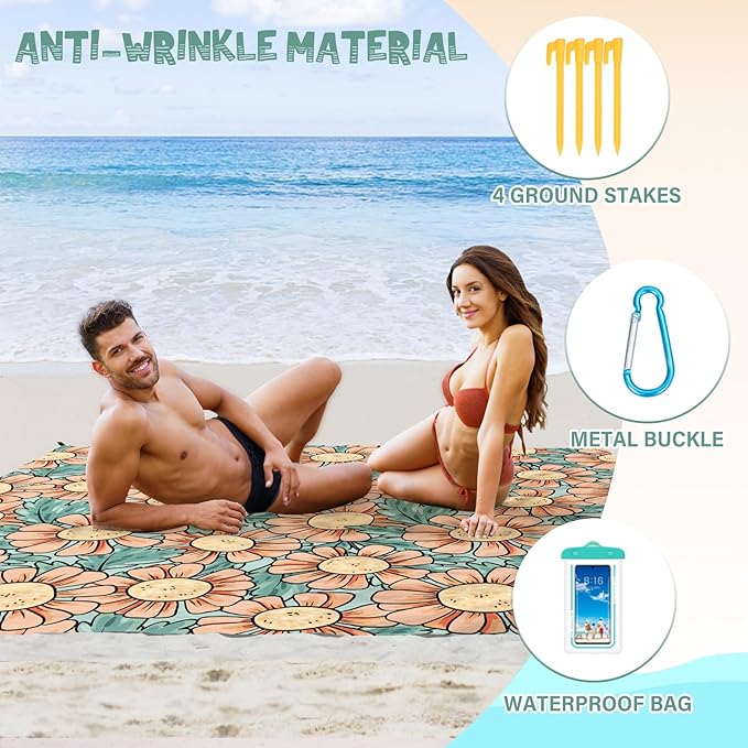 Beach Blanket Waterproof Sandproof 1-7 Adult Oversized 78 '' × 81 '' Lightweight Durable Compact Sand Free Beach Mat for Travel Camping Hiking Picnic Blanket Extra Large