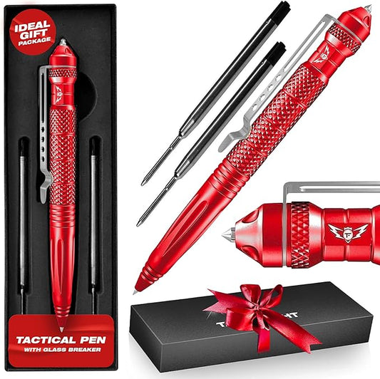 Tactical Pen Multitool – Gifts For Men Dad - Diamond Thread Grip, Strong Rugged Aluminum EDC Survival Gear, Pocket Military Writing Glass Breaker, Pen Collection - Red