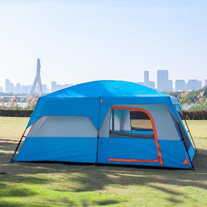 KTT Extra Large Tent 10-12-14 Person(A),Family Cabin Tents,2 Rooms,3 Doors and 3 Windows with Mesh,Straight Wall,Waterproof,Double Layer,Big Tent for Outdoor,Picnic,Camping,Family Gathering