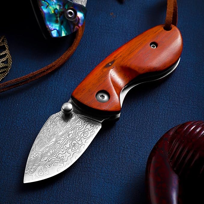 Small Folding Pocket Knife (KF1), 1.77 Inch Damascus Steel Blade with Thumb Stud. EDC Knife with Rosewood Handle and Liner Lock, 2.39 oz, Red