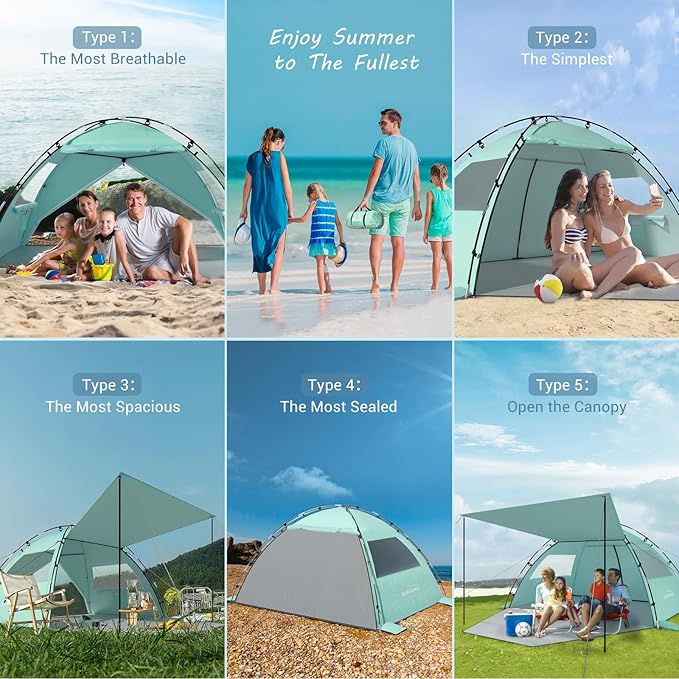 Elegear Beach Tent Sun Shelter with Canopy, 4-5 Person Pop Up Beach Tent, Easy Setup UPF 50+ UV Protection Portable Lightweight Double Silver Coating Cabana Sun Shade Shelter - Green