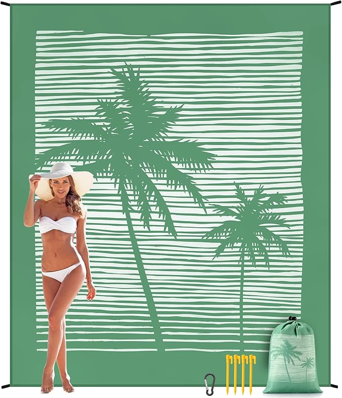 Beach Blanket Sandproof Extra Large Beach Mat Adults Waterproof Quick Drying Sand Free Mat Made by Premium Polyester with 4 Stakes & 4 Corner Pockets for Outdoor Travel Camping Hiking