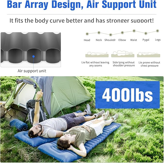 Sleeping Pad for Camping, 4in Thick Camping Air Mattress with Pillow, Camping Bed Sleeping Mat for Backpacking, Inflatable Camping Mat Built-in Pump, 40D+60D 2-Layer Nylon, Holds 400lbs,Repair Kit