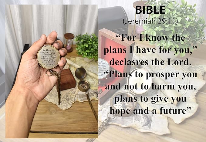 Handmade Portable Antique Brass Chain Compass Engraved with Wooden Box Men's & Women's Hiking Camping Use and Pirate Accessories
