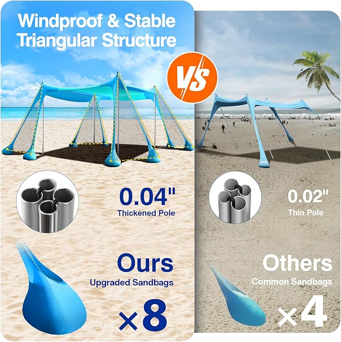 Rhino Valley Beach Tent Sun Shelter, Beach Canopy Tent Sun Shade UPF50+ Protection with 8 Sandbags 4 Stability Poles, Outdoor Beach Shade Canopy for Beach, Camping, Fishing
