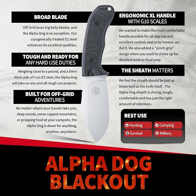Off-Grid Knives - Alpha-Dog Heavy Duty Fixed Blade Knife, 5mm Thick Cryogenic D2 Blade Steel, Full Tang, G10 Scales, XL Handle