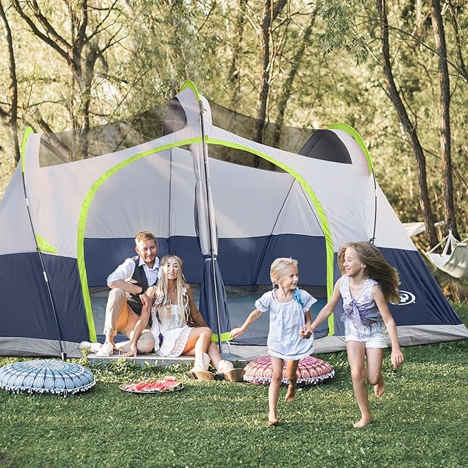 UNP Camping Tent 8/9 Person, Family Camping Tent, 5 Large Ventilation Mesh Windows, 14'x14'x78 inches Tall with Dividers Curtain for 2 Room