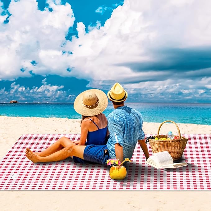 TONDAZHIYO Picnic Blankets Waterproof Foldable ，80”x60” Beach Blanket，Camping Sand mat, Large sandproof Lightweight Outdoor Blankets, Park (red & White)