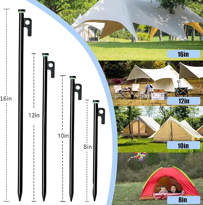 12 Pack Tent Stake with Hammer, 8in Heavy Duty Tent Stakes + 10in Camping Hammer+Storage Pouch, Forged Steel Tent Stakes for Camping Used on Rocks（12 Pack 8in Tent Stakes+Hammer）