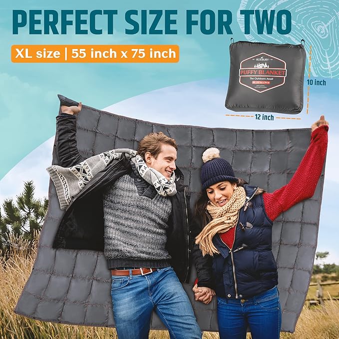 Puffy Camping Blanket Packable Vegan (Down Alternative) Compact Lightweight XL Blankets for Outdoor Cold Weather Backpacking Hiking Travel Stadium - Water-Resistant
