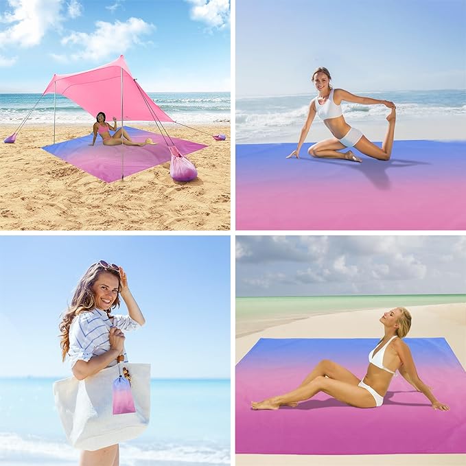 Waterproof Sandproof Beach Blanket, Blue Pink Gradient Picnic Blanket for 4 Adult, Weighted Beach Mat Sand Free with Stakes and Sand Pocket, Polyester Quick Drying Outdoor Beach Essentials Must Have