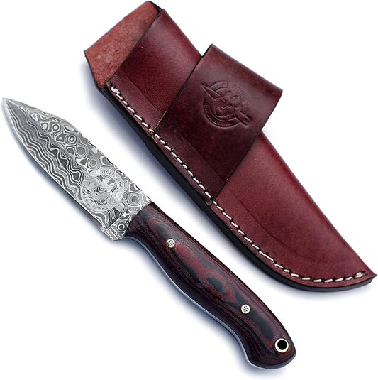 Handmade Damascus Steel Knife Bowie for Hunting,Survival,Camping,Bushcraft, and Fishing-Fixed Blade with Drop Point Full Tang Micarta Handle with Cowhide-Leather Sheath - WKD-771