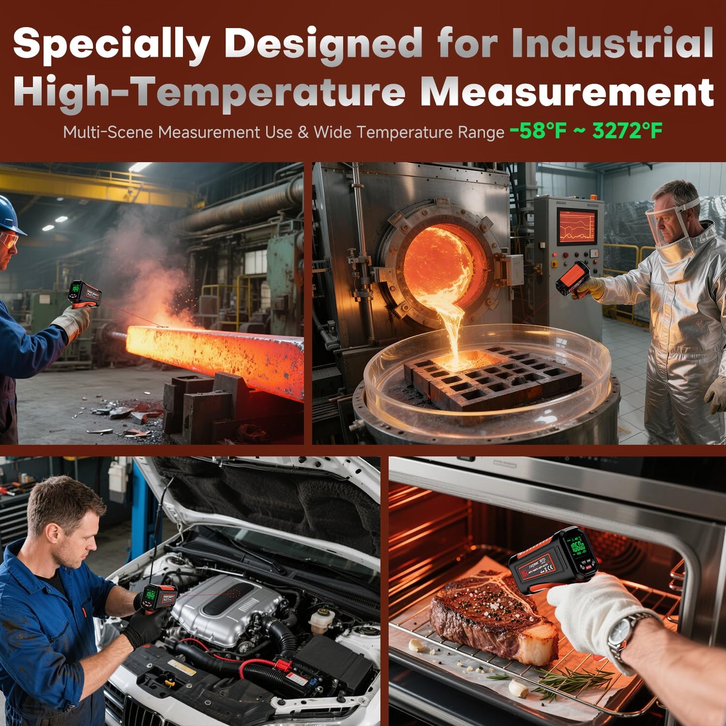 -58℉~3272℉ Infrared Thermometer IR Gun, High-Temp Digital Temperature Gun, 50:1 Non-Contact Pyrometer for Kiln, Forge, Furnace, Engine, HVAC & Industrial Applications