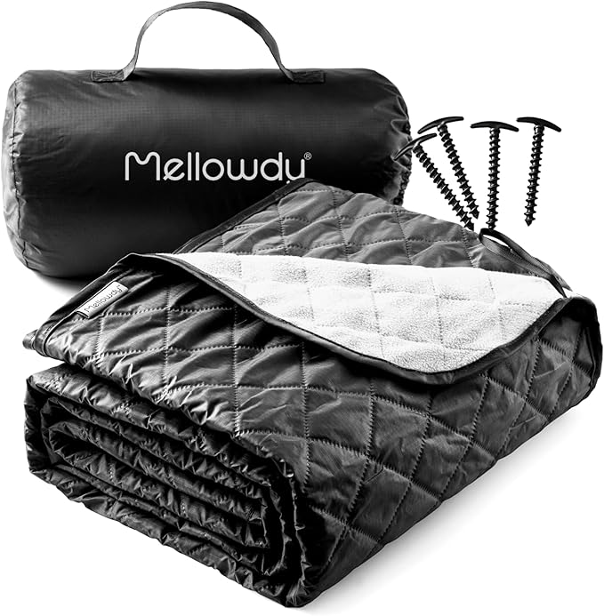 Mellowdy Easy-Carry Outdoor Blanket - Waterproof, Windproof, Warm, Utility Blanket for Camping, Picnic, Stadium, Beach, Gameday, Travel, Foldable with Carrying Bag (Jet Black,55x80 inch)