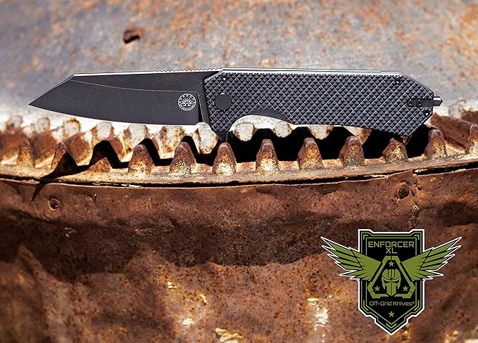 Off-Grid Knives - Enforcer XL Folding Knife w. 154CM Blade Steel, Tungsten Carbide Tip, Ceramic Bearings, Grippy G10, Oversized Handle, Deep Pocket Carry, Left & Right Hand