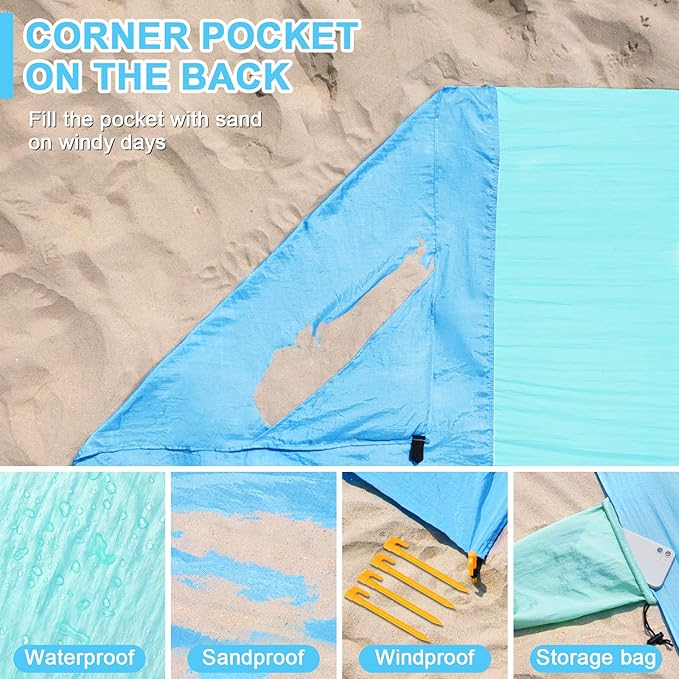 Beach Blanket MAXVINI Beach Mat 118"X 110" Beach Blanket Waterproof Sandproof 2-8 Adults, Outdoor Large Beach Blankets Sand Free Lightweight Portable Beach Accessories for Picnic Travel Camping Hiking