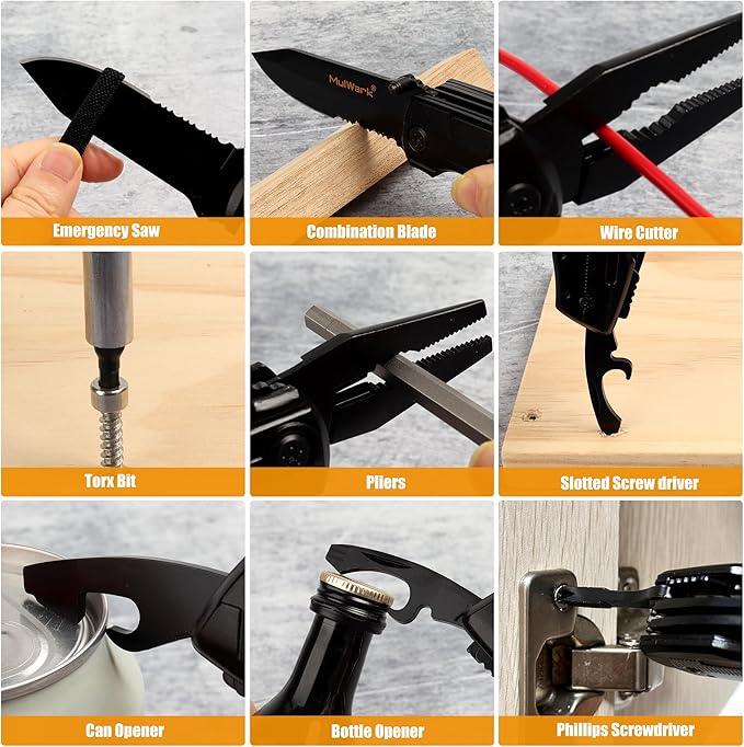 MULWARK Folding Multitool Pocket Knife 12 in 1 Survival Knife - Pocket Knife for Men - Gift for Men, Hunting Knife, Tactical Camping Knife - Black