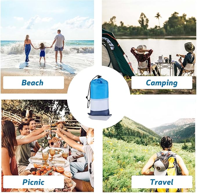 Beach Blanket Sandproof Waterproof, Large Beach Mat Lightweight Portable Quick Drying for Picnic Camping Hiking Travel Beach Accessories (1, BlueWhiteGrey, 118x106 Inches)