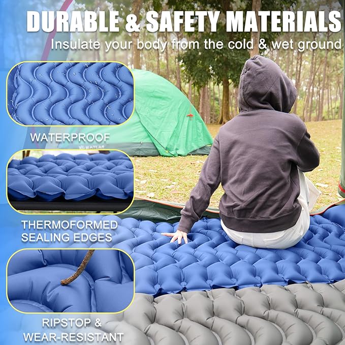 Camping Sleeping Pad, Inflatable Sleeping Mat with Pillow Built-in Foot Pump, Super Comfort Camping Mattress for Backpacking Hiking Traveling Tent, Compact & Lightweight