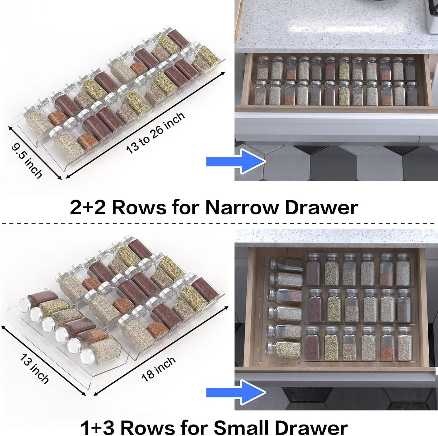 19 x 13 Inches Spice Drawer Organizer, 4 Tier Clear Acrylic Expandable In-Drawer Seasoning Jars Rack, Kitchen Drawer Spice Insert Tray for Cabinet/Countertop