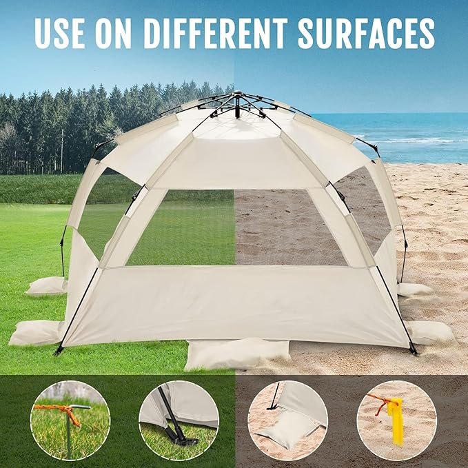 WhiteFang Deluxe Pop Up Beach Tent Sun Shade Shelter for 3-4/5-6 Person, UV Protection, Extendable Floor with 3 Ventilating Windows Plus Carrying Bag, Stakes, and Guy Lines