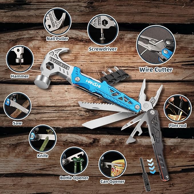 Replaceable Wire Cutter Hammer Multitool with Nylon Sheath for Outdoor,Camping,Survival,Hiking,17 In 1 Pocket Multi Tool with Spring-Action Plier,Knife,Flint Rod,Safty Whistle for Gift