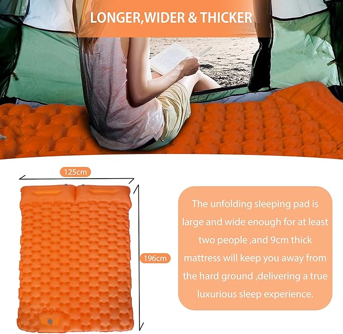 Double Sleeping Pad for Camping 4" Extra-Thick Camping Mat for 2 Person with Pillow Built-in Foot Pump, Ultralight Portable Inflatable Sleeping Mat for Backpacking Hiking Traveling(Orange)