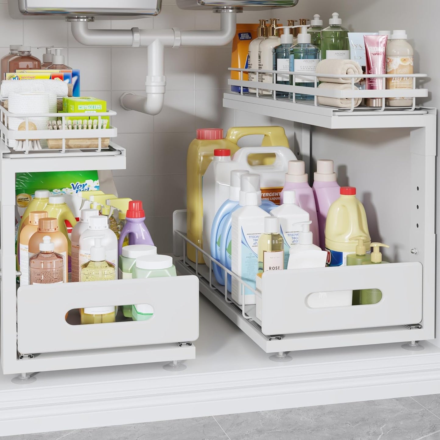 2 Pack 18 IN Depth Under Sink Organizer with Smooth Ball Bearing Slides,2-Tier Pull Out Cabinet Storage,Slide Out Drawers for Bathroom&Kitchen,Rust-resistant Coating,Height Adjustable-White