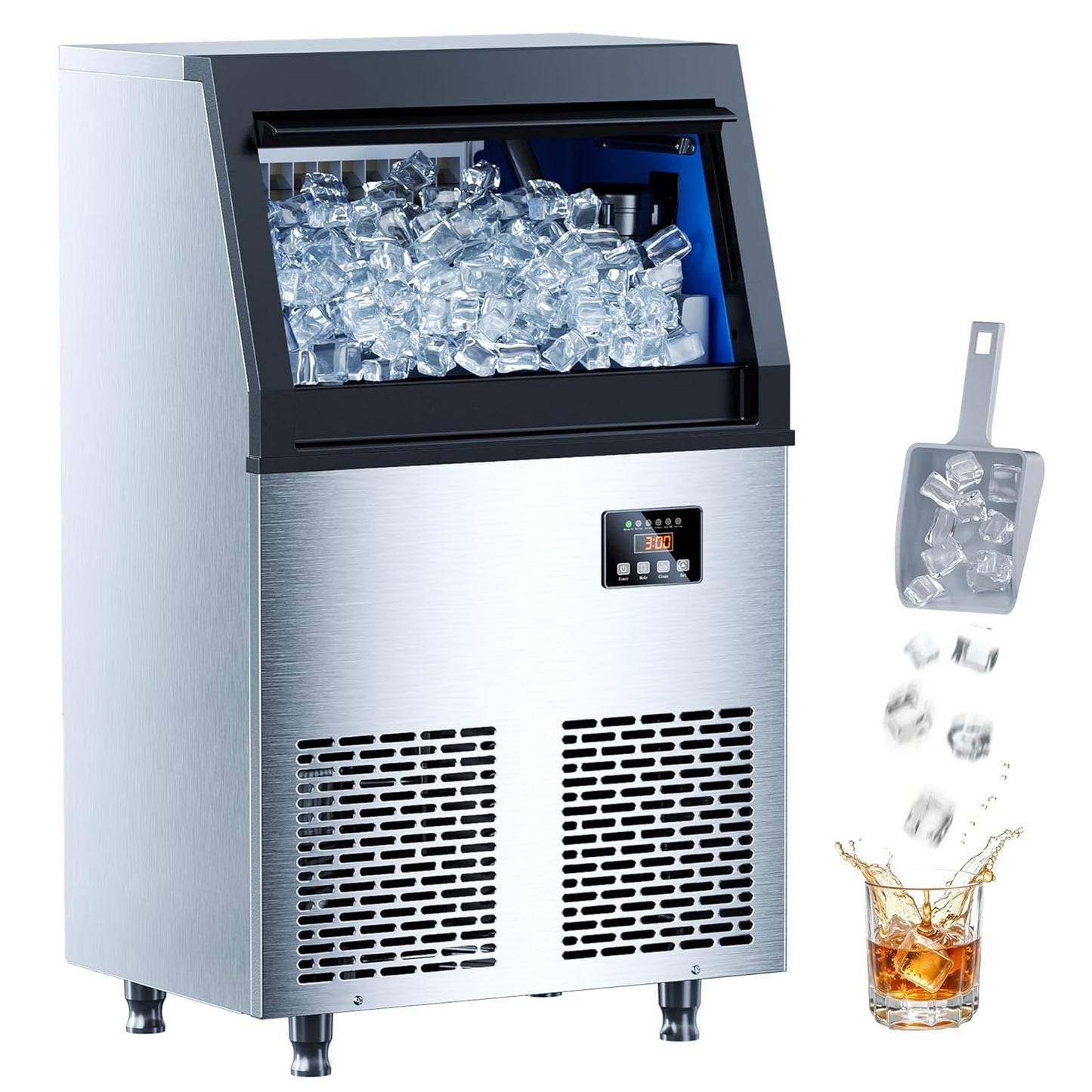 150 lbs/24H Commercial Ice Maker Machine,45 Cubes/6mins, 35 lbs Ice Storage Capacity, Under Counter Ice Maker Self Cleaning, Stainless Steel Freestanding Ice Maker for Home Bar Restaurant