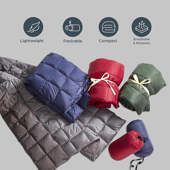 Blue Ridge Home Fashions Outdoor Down Throw Blanket for Camping Hiking - Packable Lightweight and Durable Blanket 60" x 70" with Carrying Pouch, 650 Fill Power Puffy Travel Picnic Beach Blanket