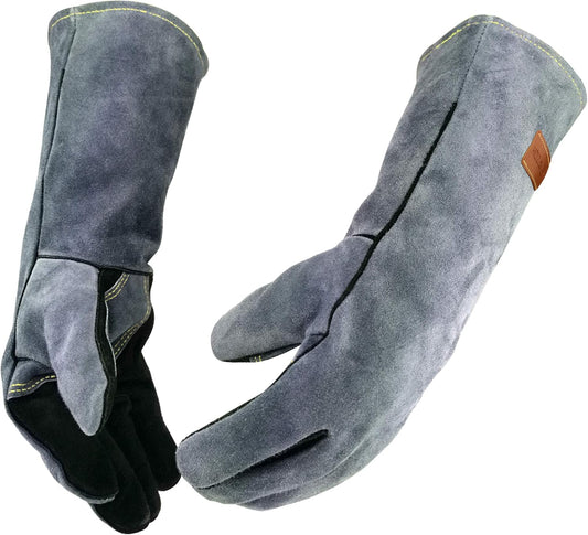 16 Inches,932℉,Leather Welding Gloves, Heat/Fire Resistant,Large Mitts for BBQ,Oven,Grill,Fireplace,Tig,Mig,Forge,Baking,Furnace,Stove,Pot Holder,Animal Handling Glove.L Black-gray