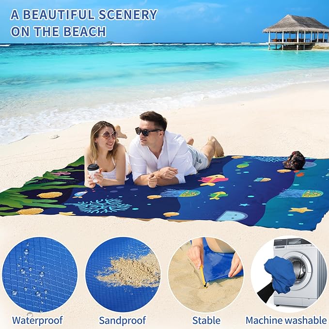 BYDOLL Beach Blanket Sandproof Waterproof 78''×81''1-4 Adults Compact Lightweight Oversized Beach Blanket Large Picnic Mat Beach Blanket for Travel Camping Hiking Picnic