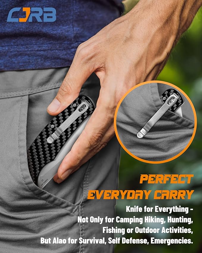 CJRB Crag Tactical Knife,Cleaver Pocket Folding Knife with Stonewash AR-RPM9 Steel Blade and Carbon Fiber Handle for Men Outdoor, Survival, Camping and EDC Black (J1904R)