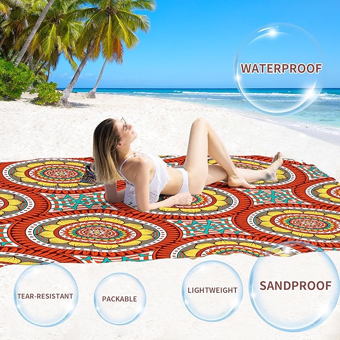 BYDOLL Beach Blanket Waterproof Sandproof 78''×81'' 1-4 Adults Waterproof Sandproof Oversized Lightweight Beach Blanket Large Picnic Mat Beach Blanket for Beach Travel Camping