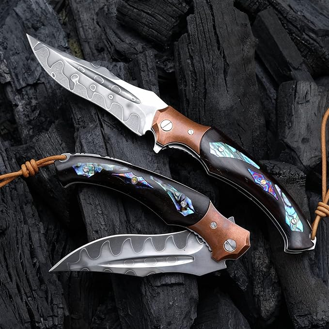 Japanese SKD11 steel core folding knife, ebony lined lock handle, EDC pocket knife suitable for outdoor hiking, camping, and fishing, forged steel knife