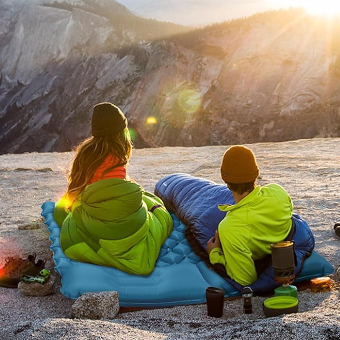 Double Sleeping Pad for Camping, 2 Person Ultralight Inflatable Sleeping Mat with Pillow and Built-in Foot Pump, Portable Camping Mattress for Tent, Backpacking, Hiking, Traveling-Upgrade Blue