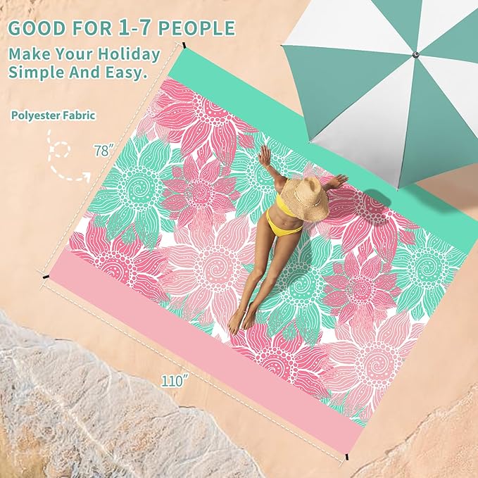 BYDOLL Beach Blanket Sandproof Waterproof 78''×110'' 1-7 Adults Compact Lightweight Oversized Beach Blanket Large Picnic Mat Beach Blanket for Travel Camping Hiking Picnic